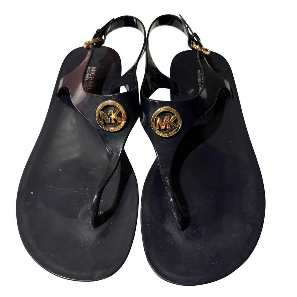 Michael Kors Navy Blue Jelly Sandals MK Logo Gold Medallion Slingback Flats 8M